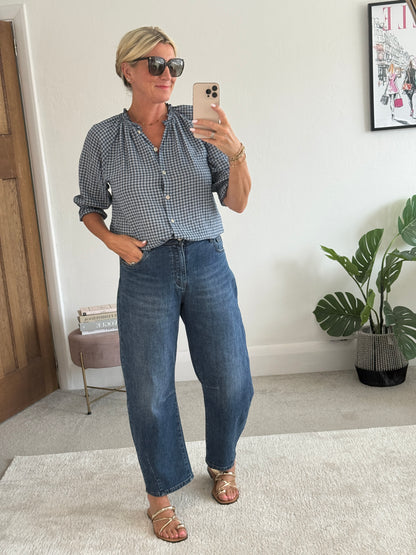 Navy Gingham 3/4 Sleeve Blouse