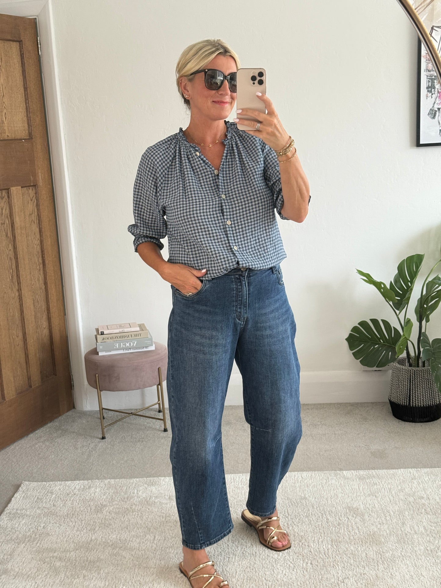 Navy Gingham 3/4 Sleeve Blouse