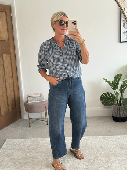 Navy Gingham 3/4 Sleeve Blouse