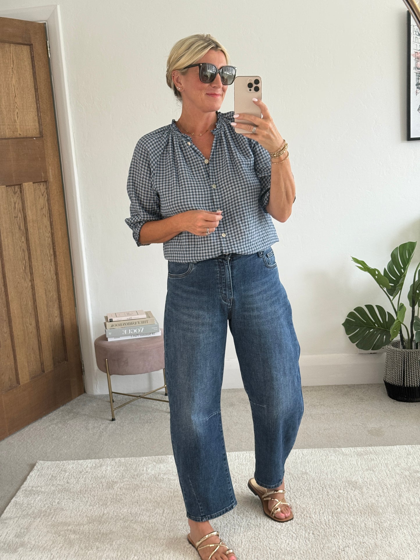 Navy Gingham 3/4 Sleeve Blouse