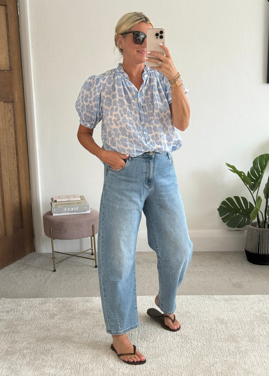 Blue Leopard Puff Sleeve Blouse