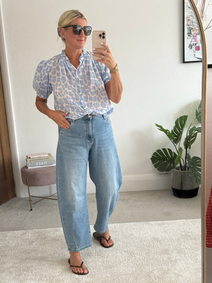 Blue Leopard Puff Sleeve Blouse