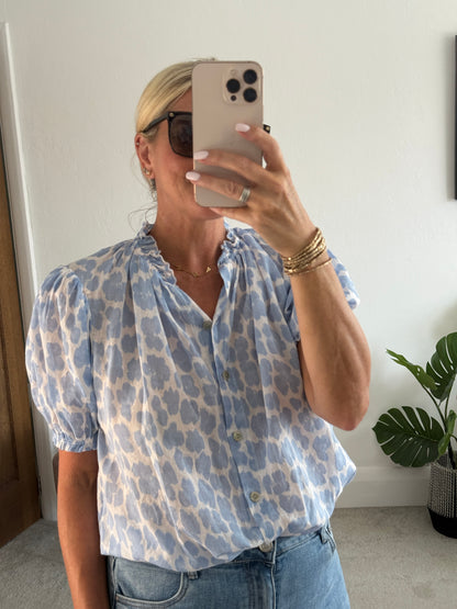 Blue Leopard Puff Sleeve Blouse