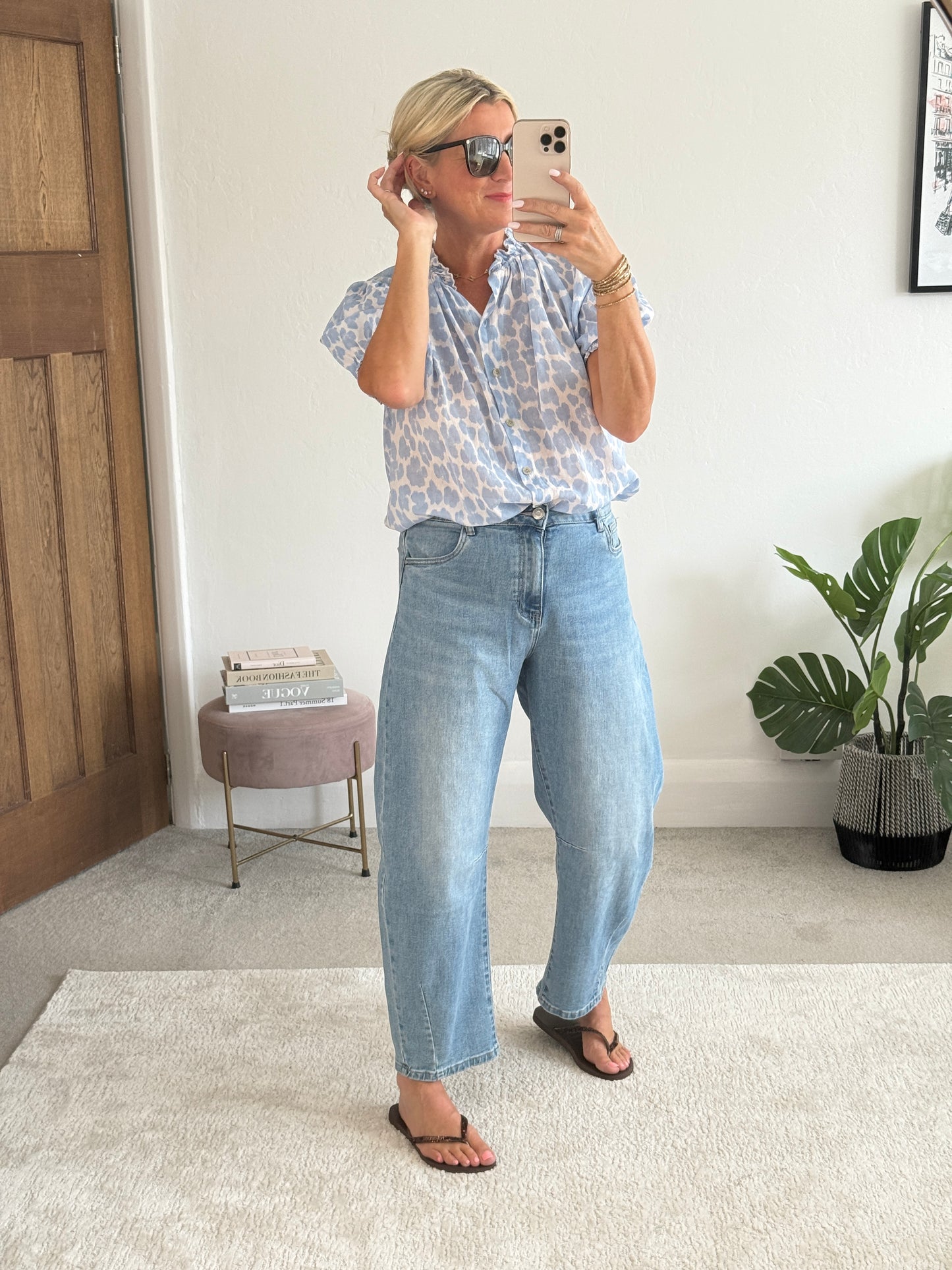 Blue Leopard Puff Sleeve Blouse