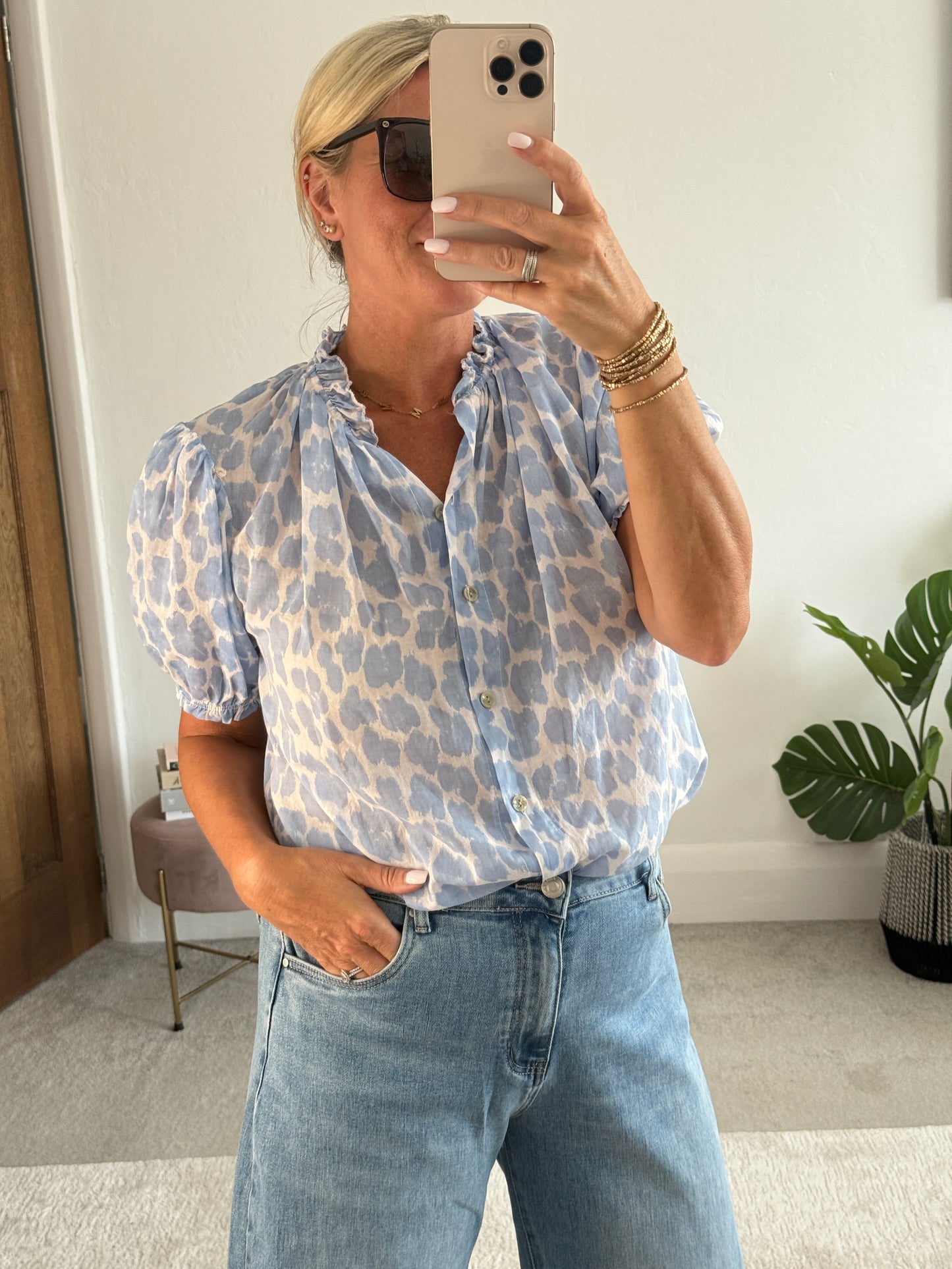 Blue Leopard Puff Sleeve Blouse