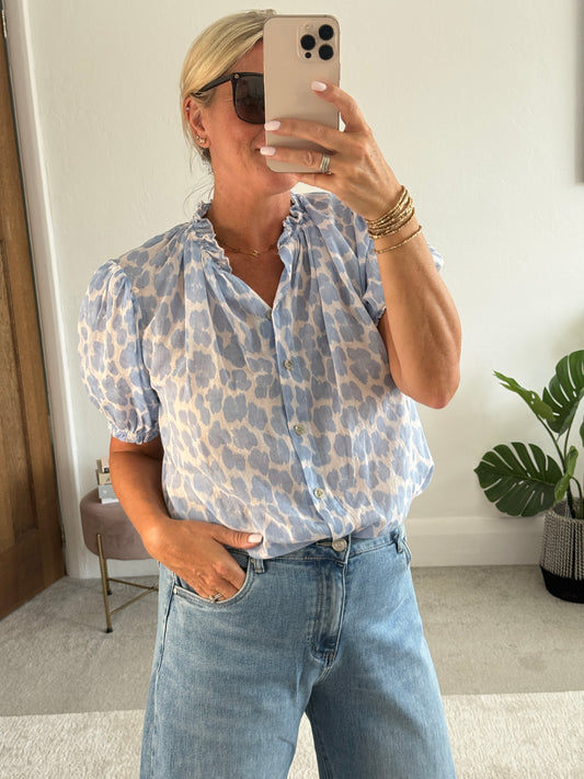 Blue Leopard Puff Sleeve Blouse