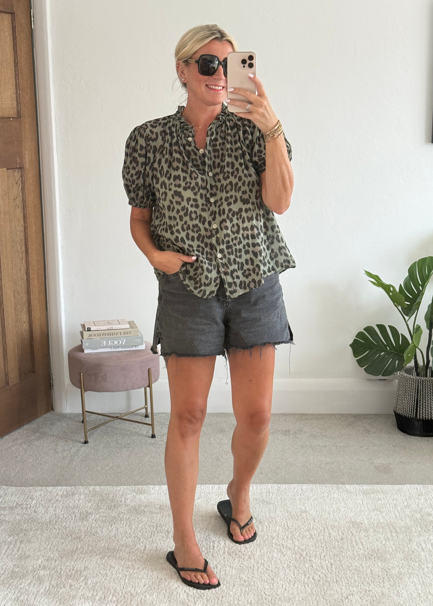 Khaki Leopard Frill Neck Blouse