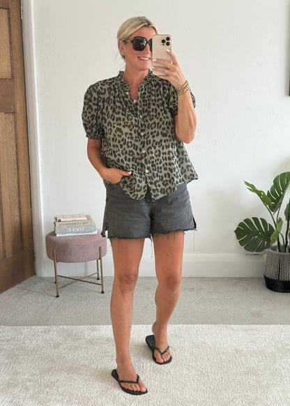 Khaki Leopard Frill Neck Blouse