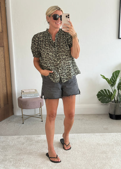 Khaki Leopard Frill Neck Blouse