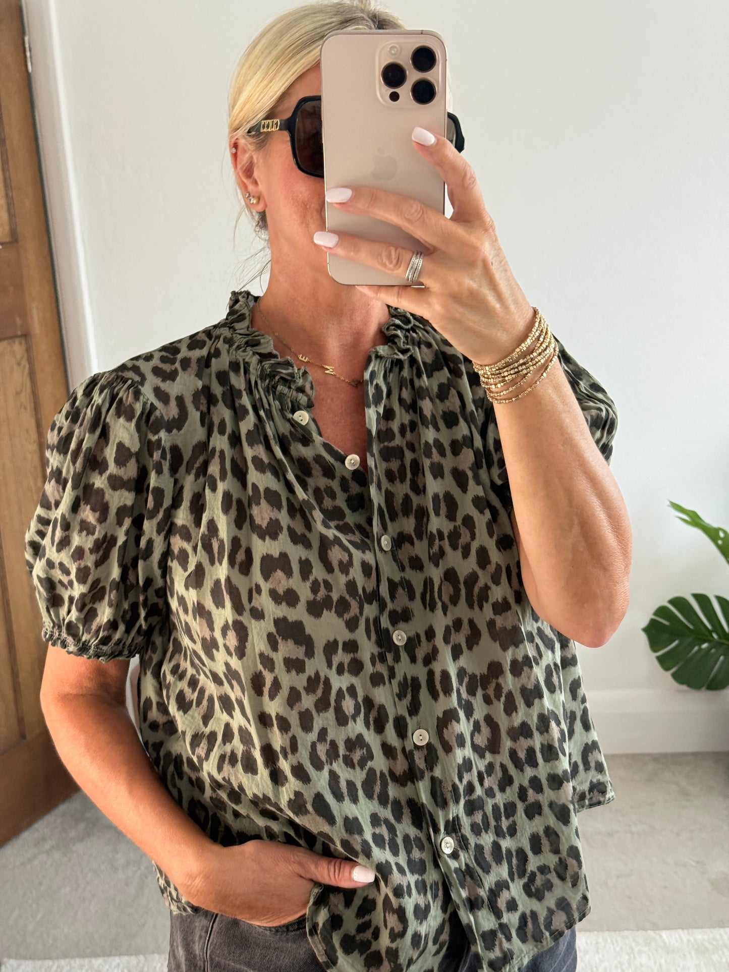 Khaki Leopard Frill Neck Blouse