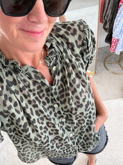 Khaki Leopard Frill Neck Blouse