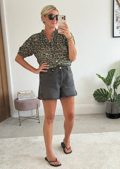 Khaki Leopard Frill Neck Blouse