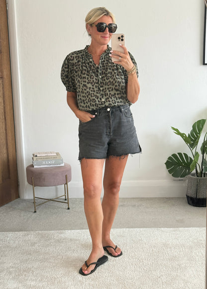 Khaki Leopard Frill Neck Blouse