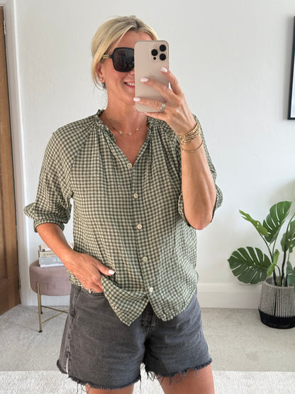 Khaki Gingham 3/4 Sleeve Blouse