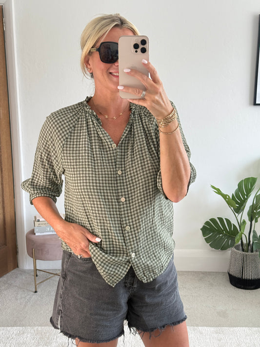 Khaki Gingham 3/4 Sleeve Blouse