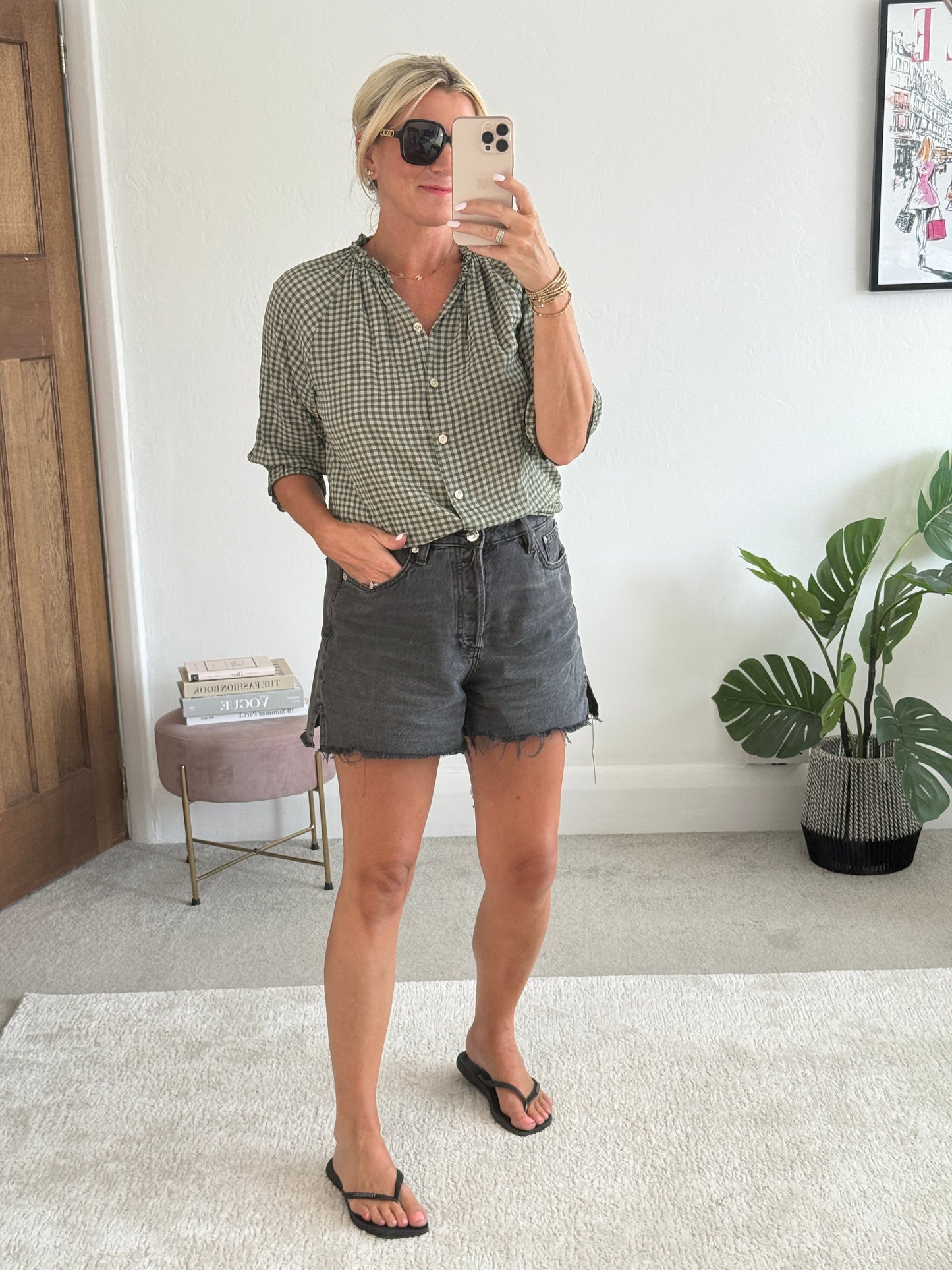 Khaki Gingham 3/4 Sleeve Blouse