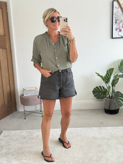 Khaki Gingham 3/4 Sleeve Blouse