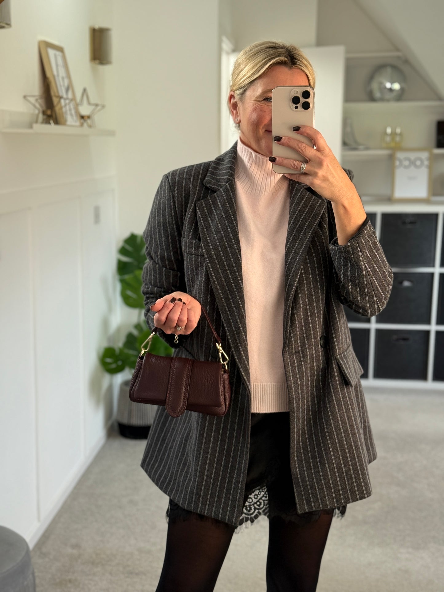 Burgundy Oversized Pinstripe Blazer
