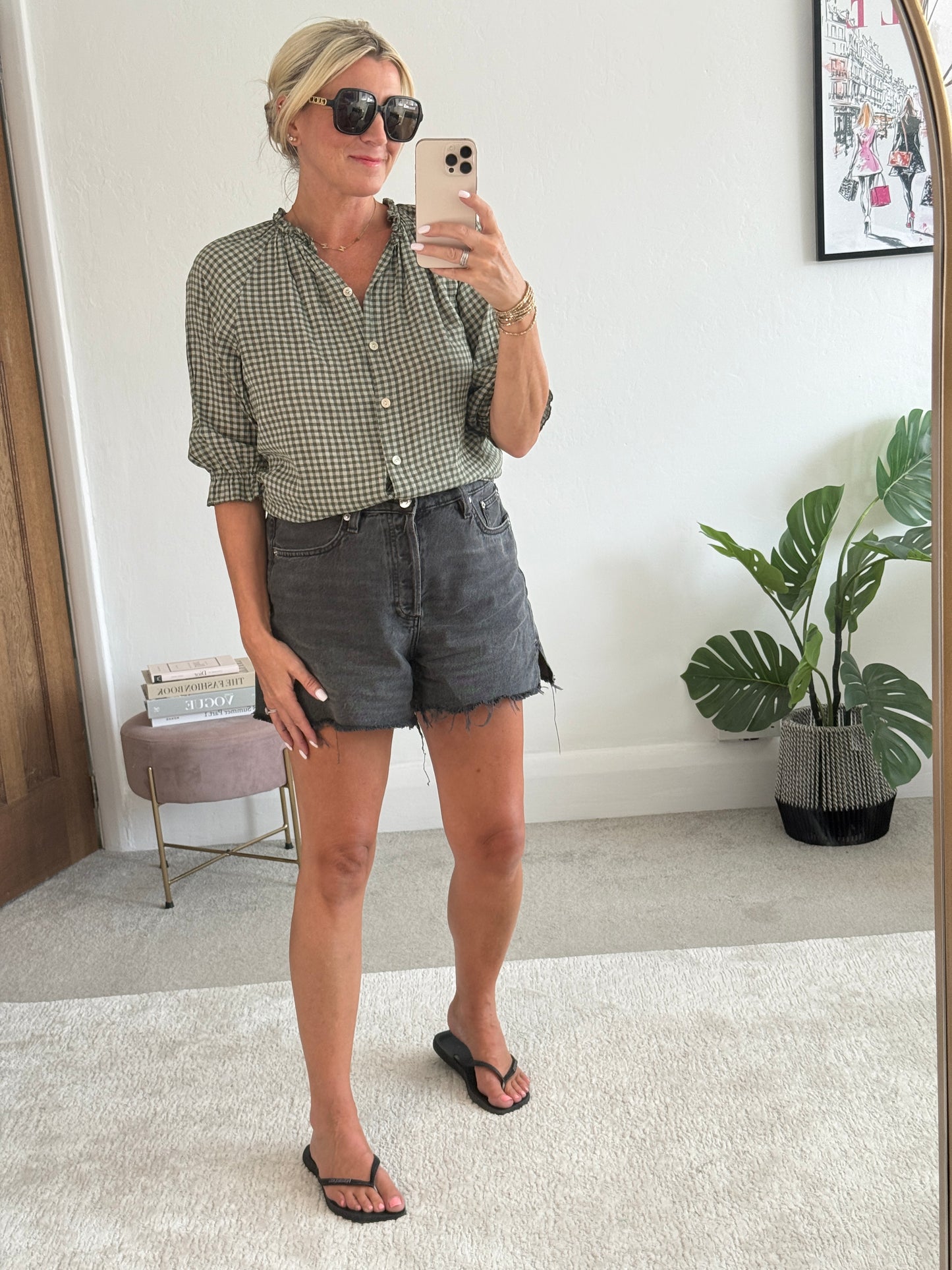 Khaki Gingham 3/4 Sleeve Blouse