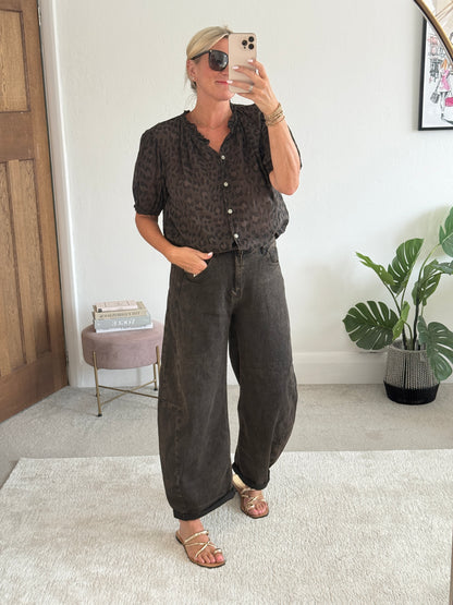 Chocolate Leopard Puff Sleeve Blouse