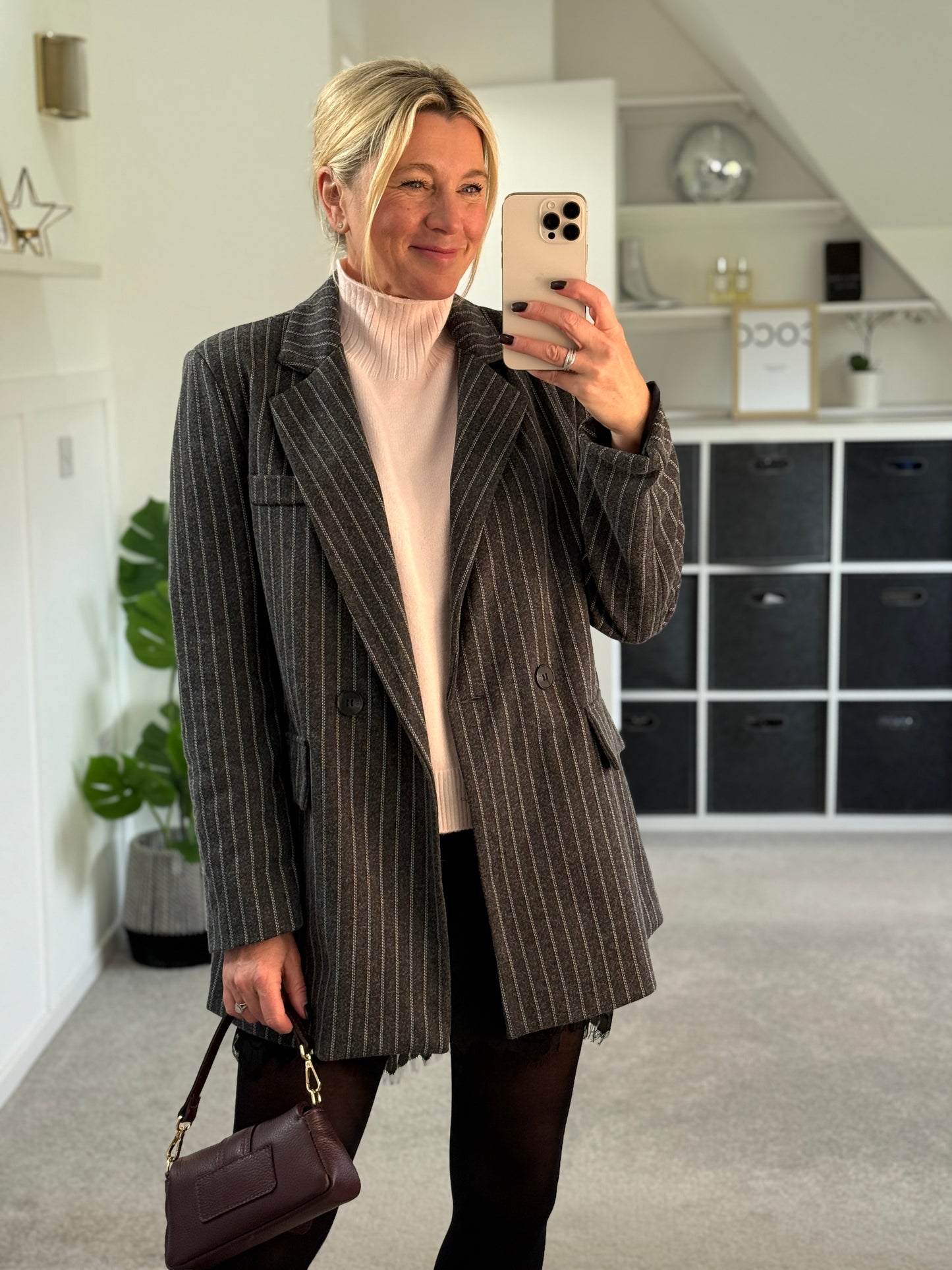 Burgundy Oversized Pinstripe Blazer