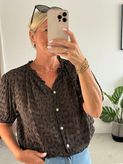 Chocolate Leopard Puff Sleeve Blouse