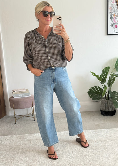 Khaki Gingham 3/4 Sleeve Blouse