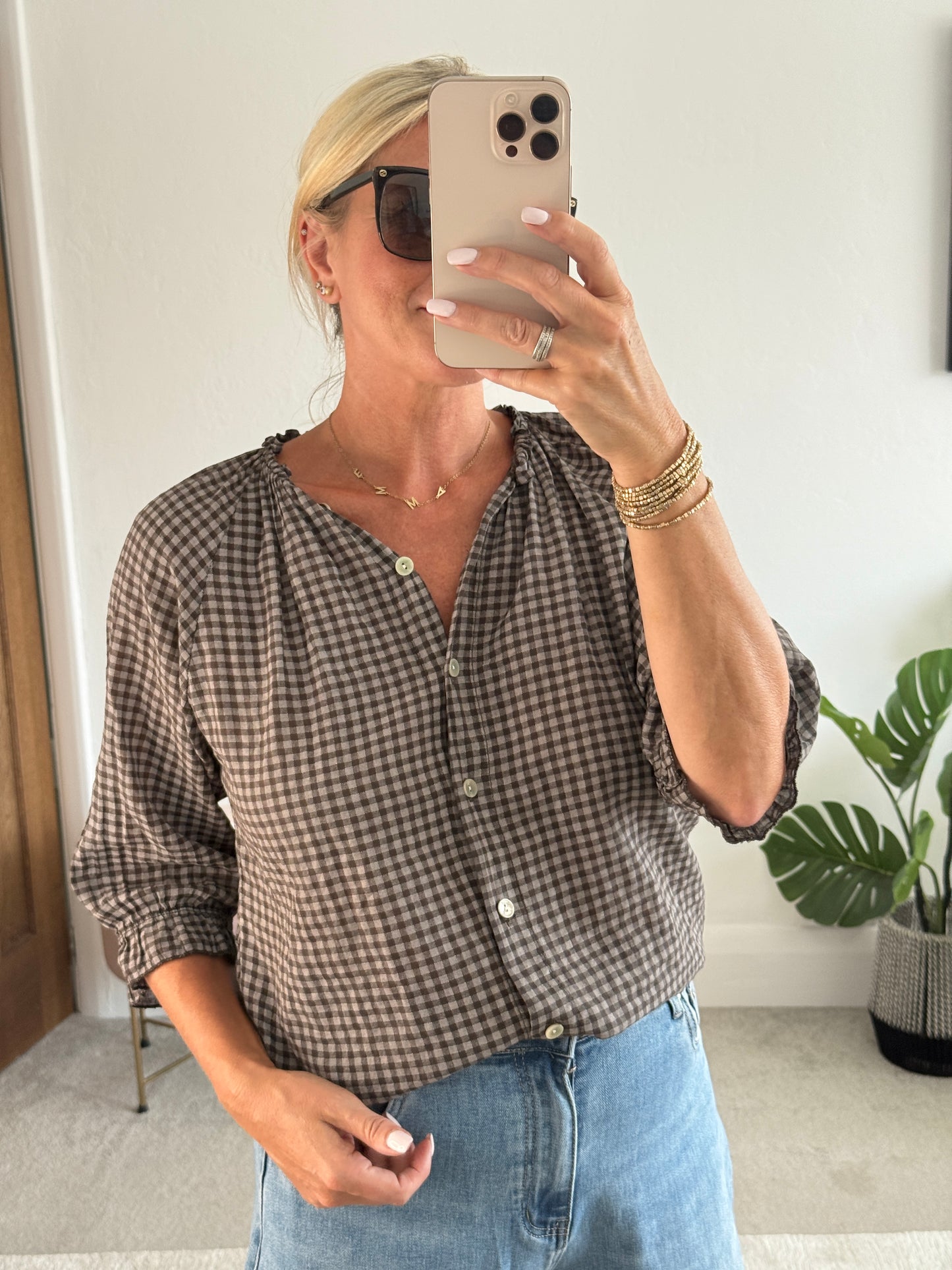 Chocolate Gingham 3/4 Sleeve Blouse
