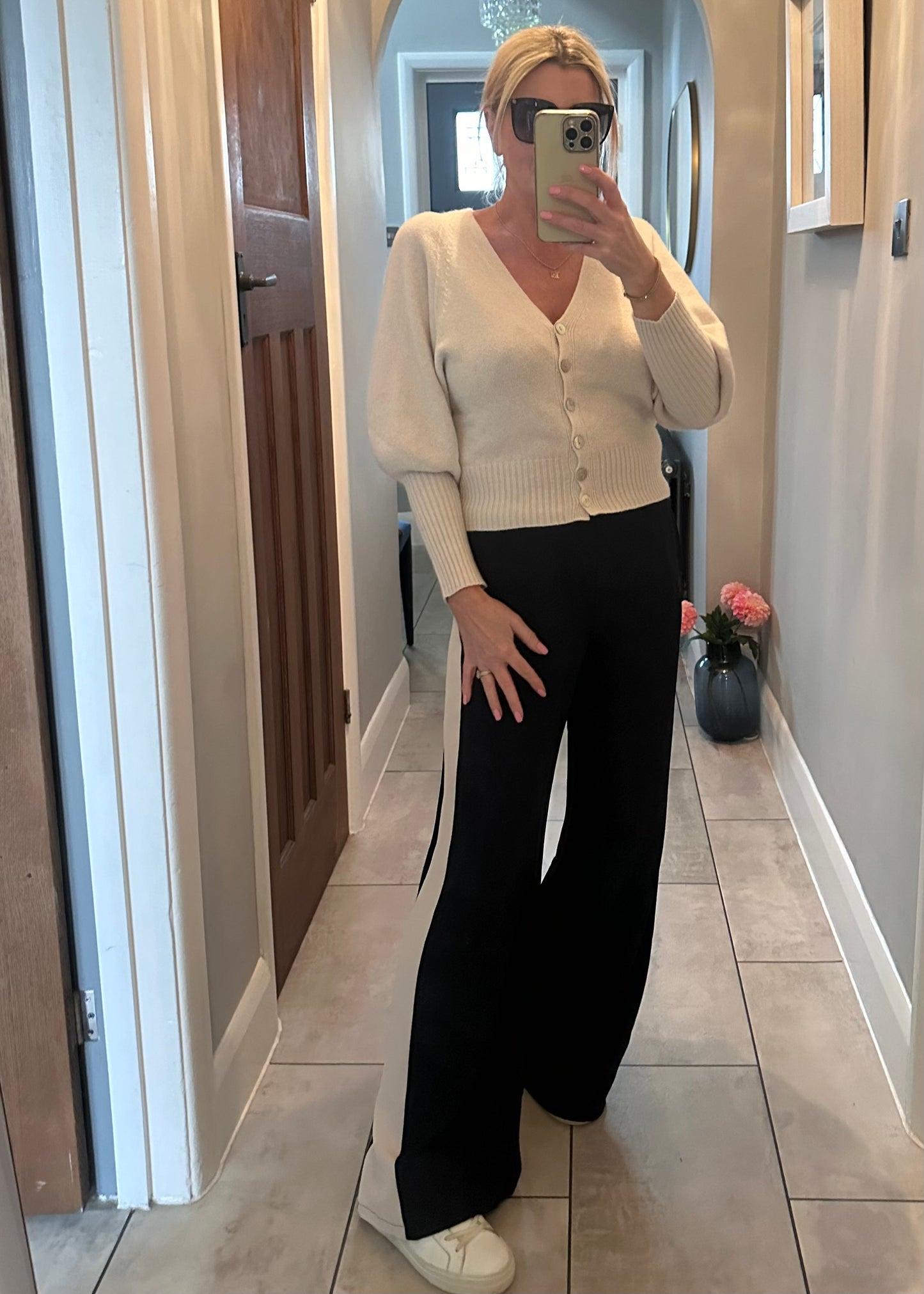 Navy/Beige Stripe Wide Leg Trousers