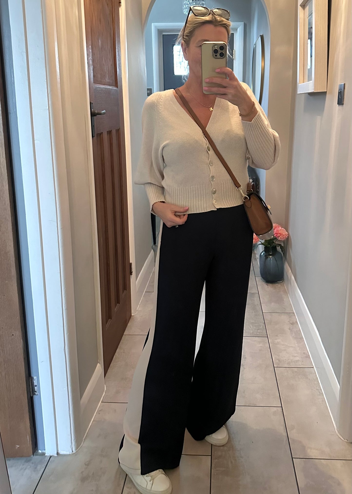 Navy/Beige Stripe Wide Leg Trousers