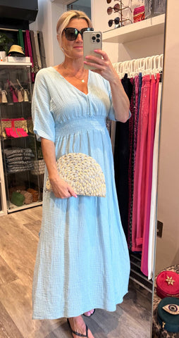 Baby Blue Neck Cheesecloth Dress