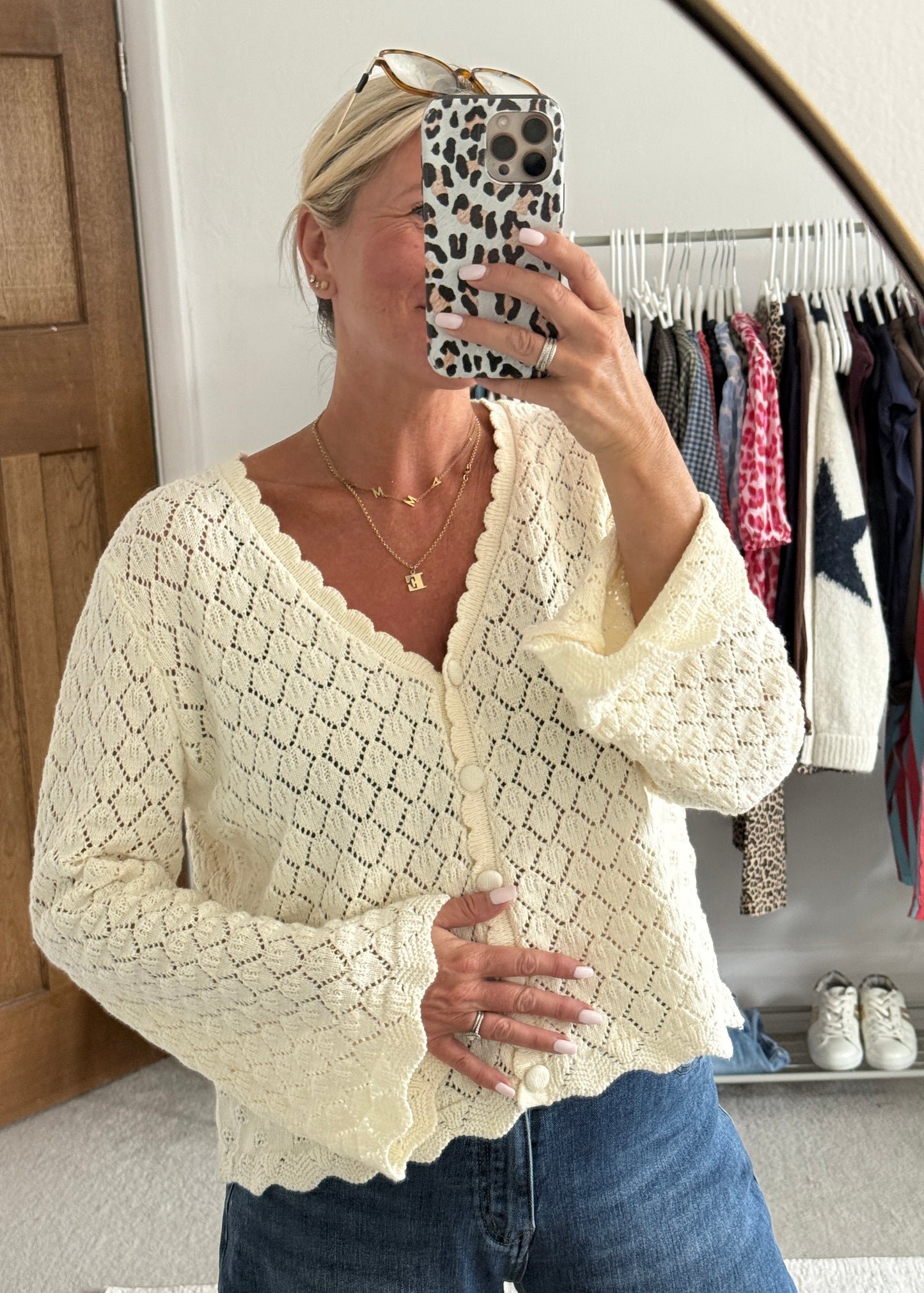 Cream Pointelle Knit Cardigan