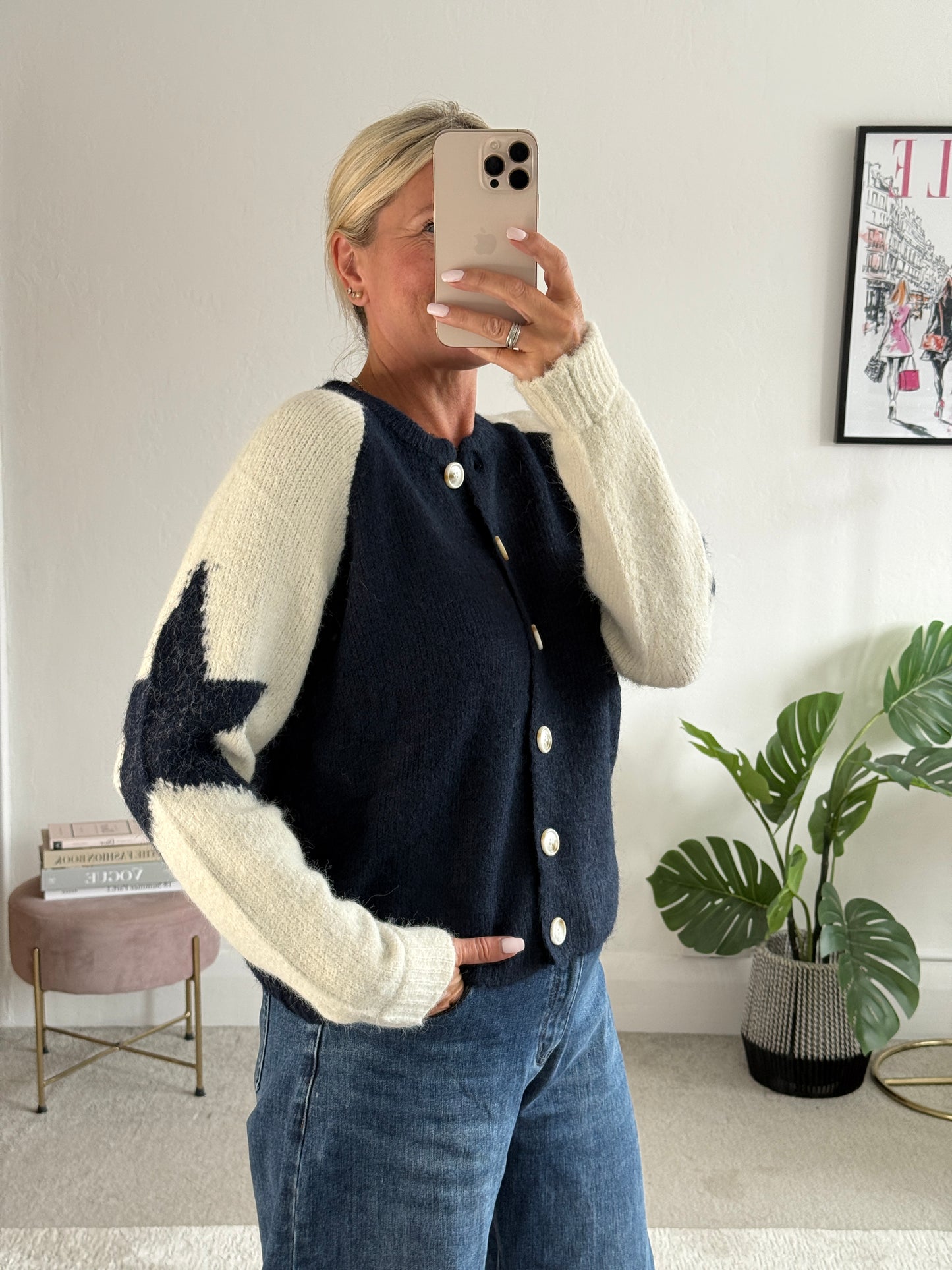 Navy/Cream Star Sleeve Cardigan