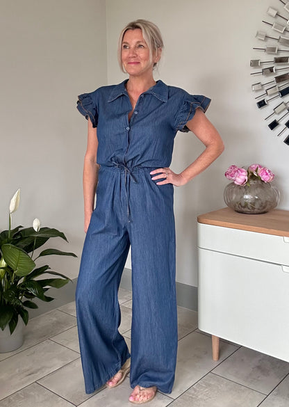 Chambray Denim Frill Sleeve Jumpsuit