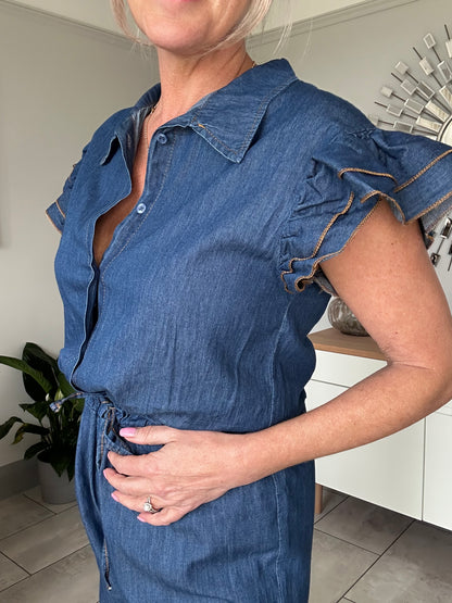 Chambray Denim Frill Sleeve Jumpsuit