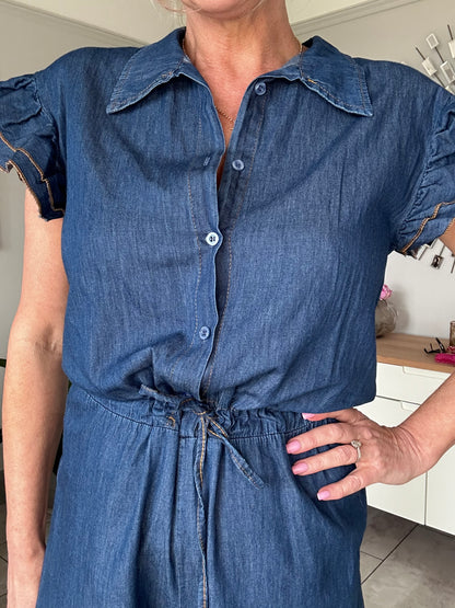 Chambray Denim Frill Sleeve Jumpsuit