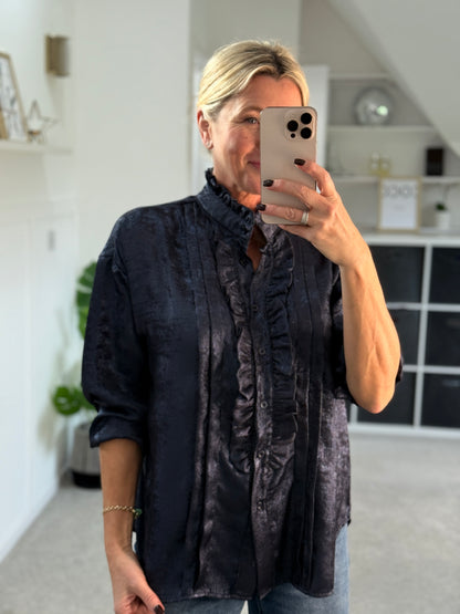 Black/Pewter Metallic Ruffle Front Blouse