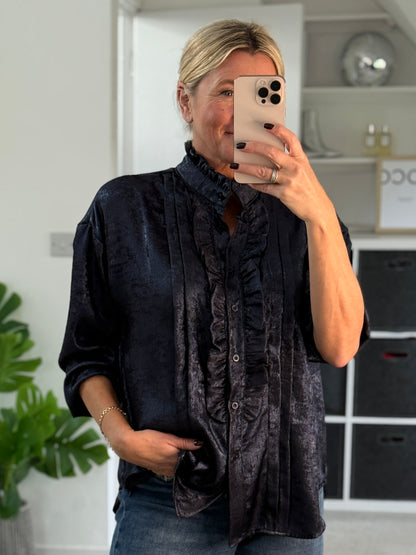 Black/Pewter Metallic Ruffle Front Blouse