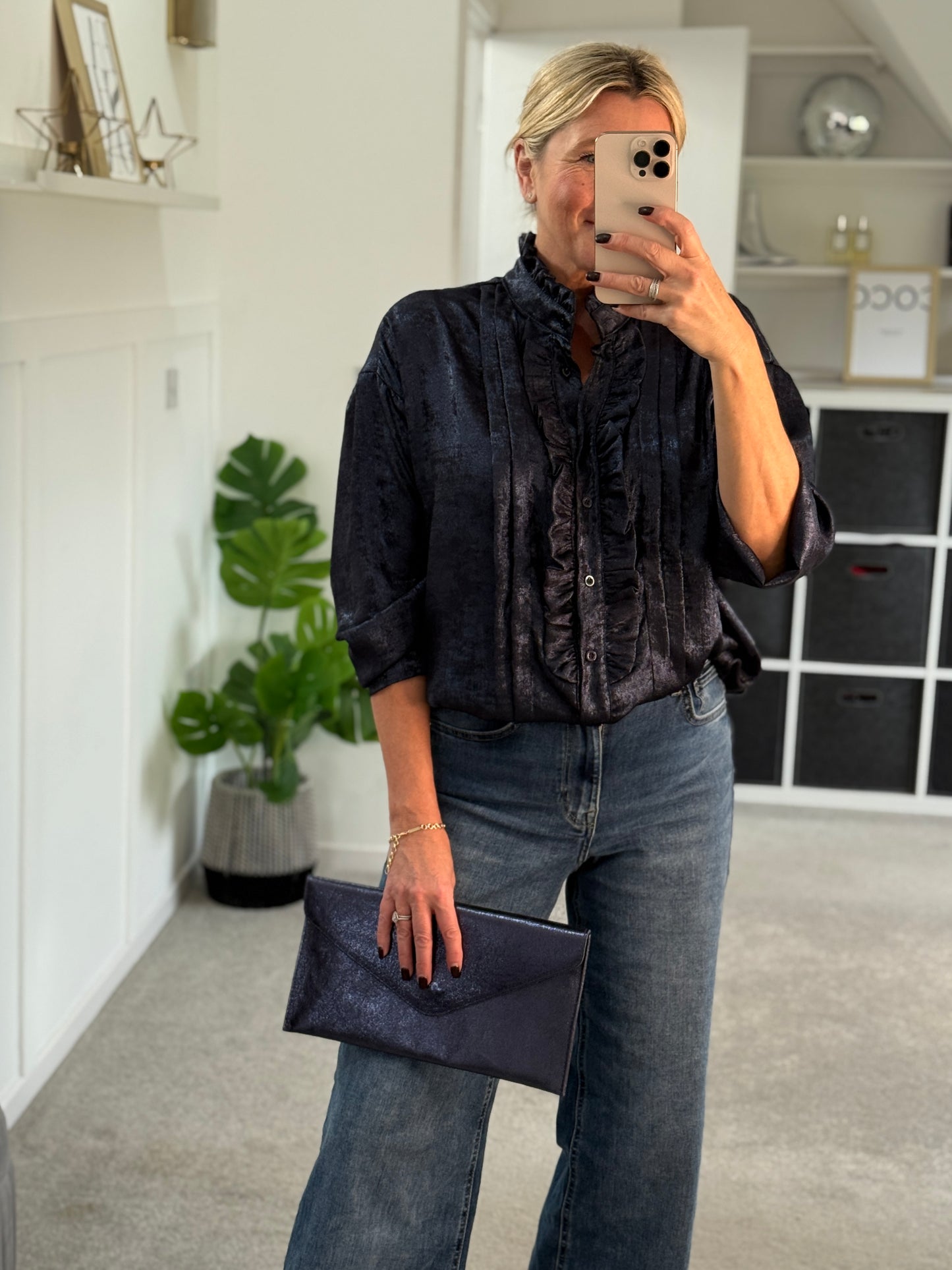 Black/Pewter Metallic Ruffle Front Blouse