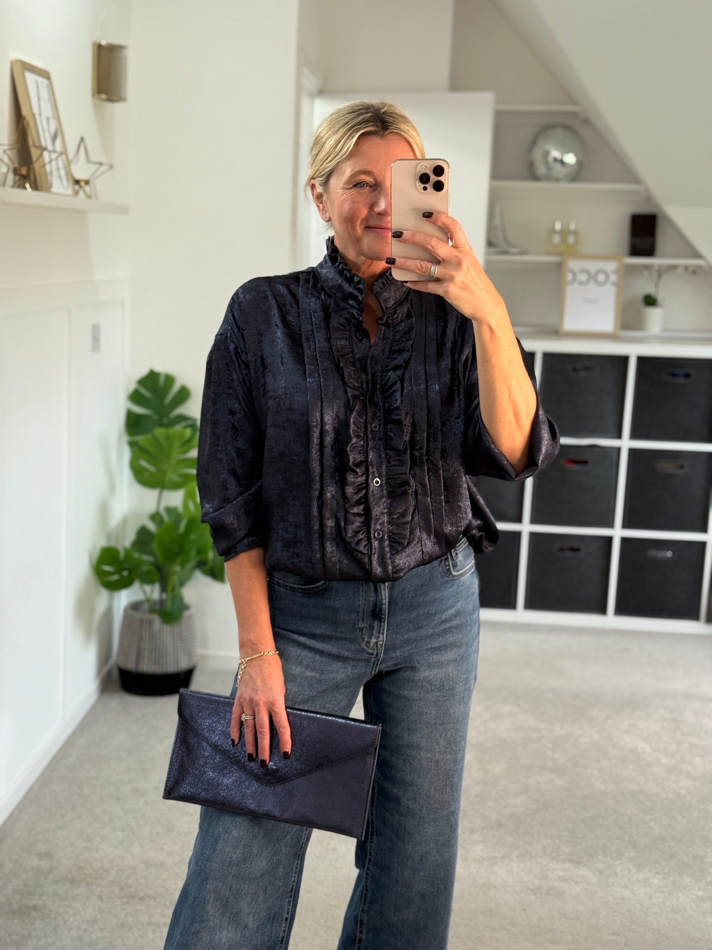 Black/Pewter Metallic Ruffle Front Blouse