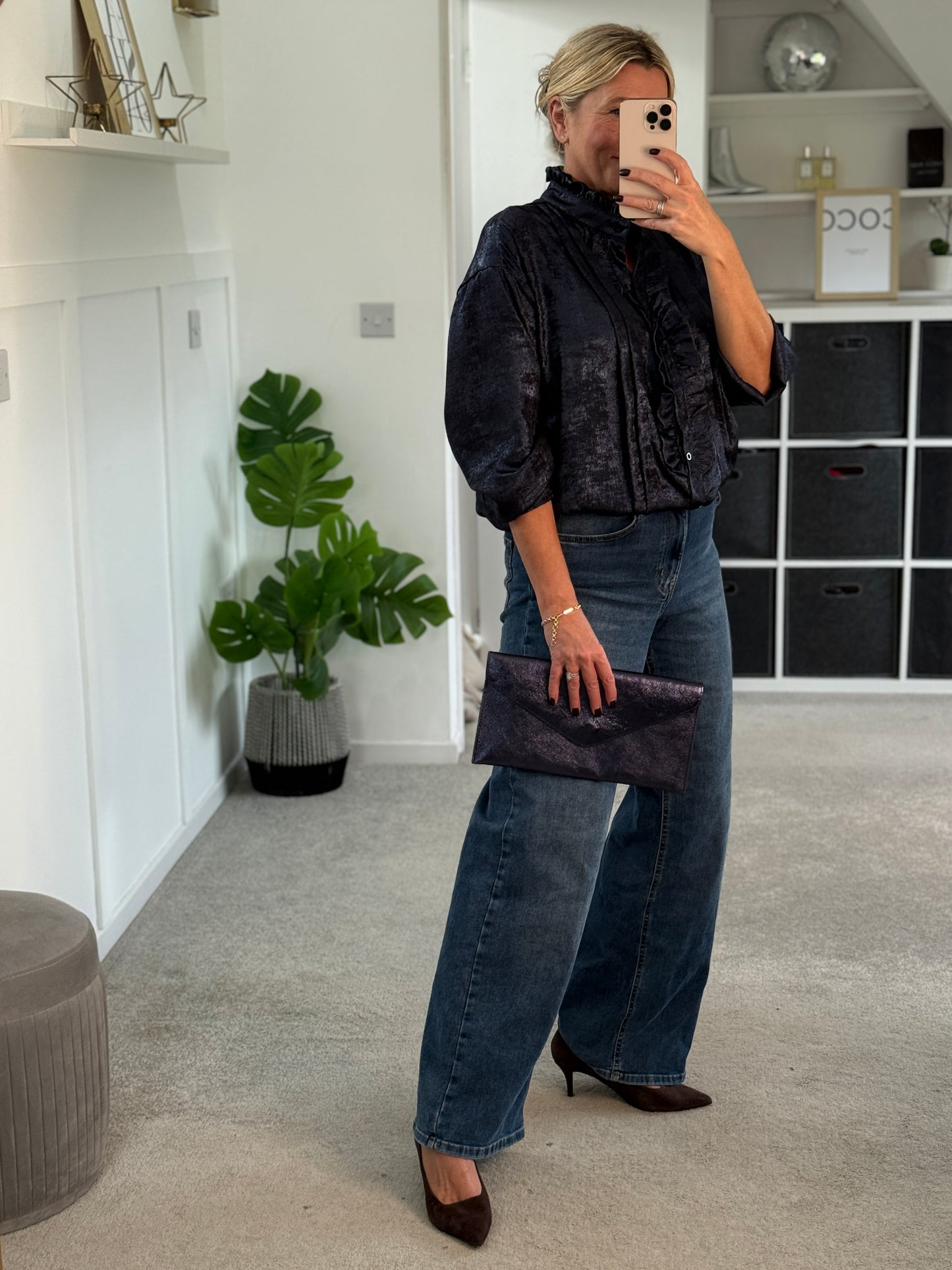 Black/Pewter Metallic Ruffle Front Blouse