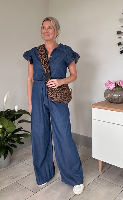 Chambray Denim Frill Sleeve Jumpsuit