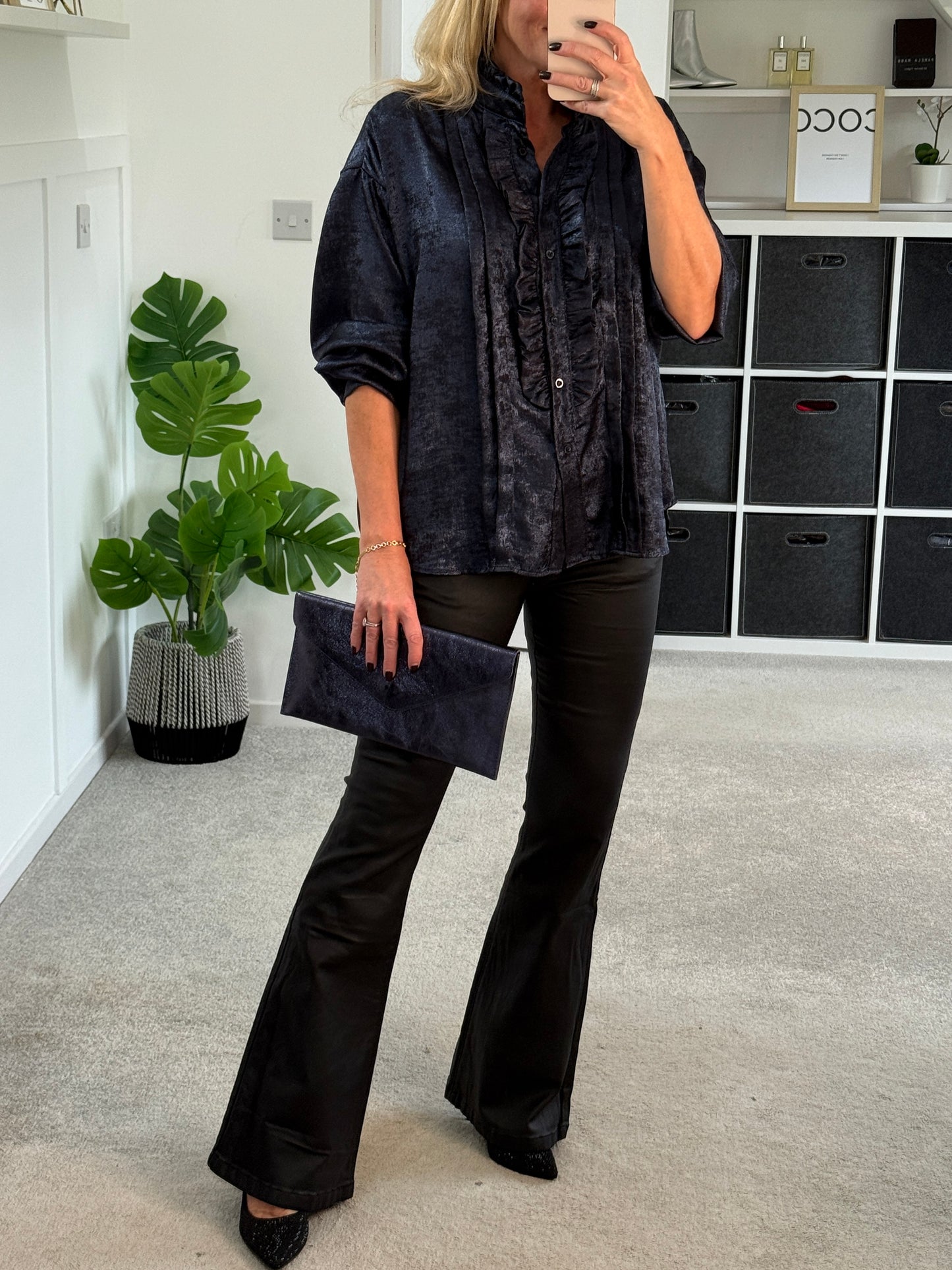 Black/Pewter Metallic Ruffle Front Blouse
