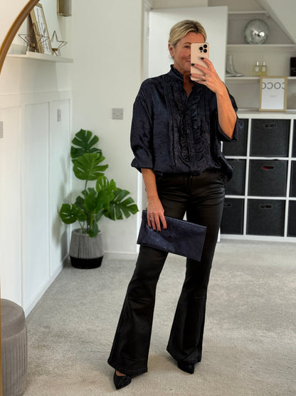 Black/Pewter Metallic Ruffle Front Blouse