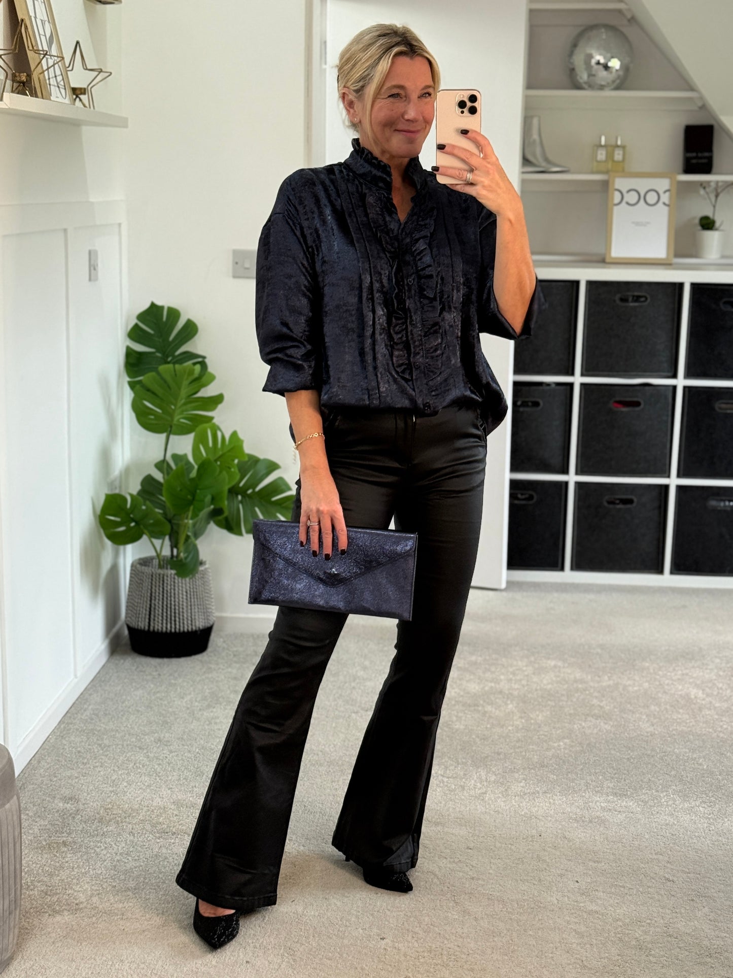 Black/Pewter Metallic Ruffle Front Blouse