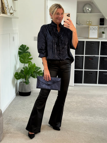 Black/Pewter Metallic Ruffle Front Blouse