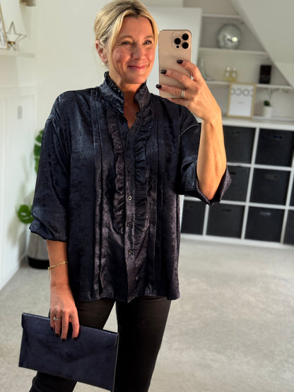 Black/Pewter Metallic Ruffle Front Blouse