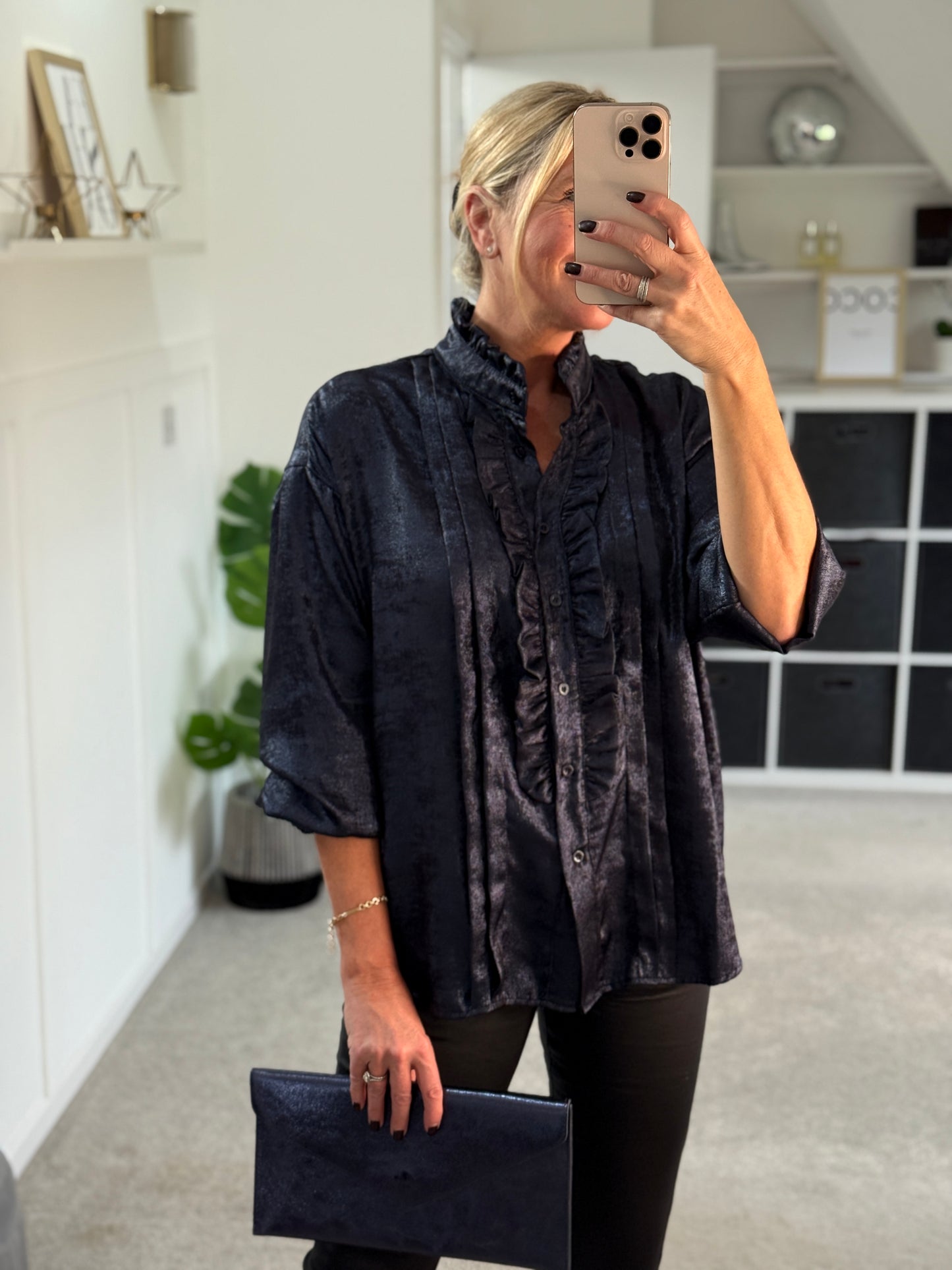 Black/Pewter Metallic Ruffle Front Blouse