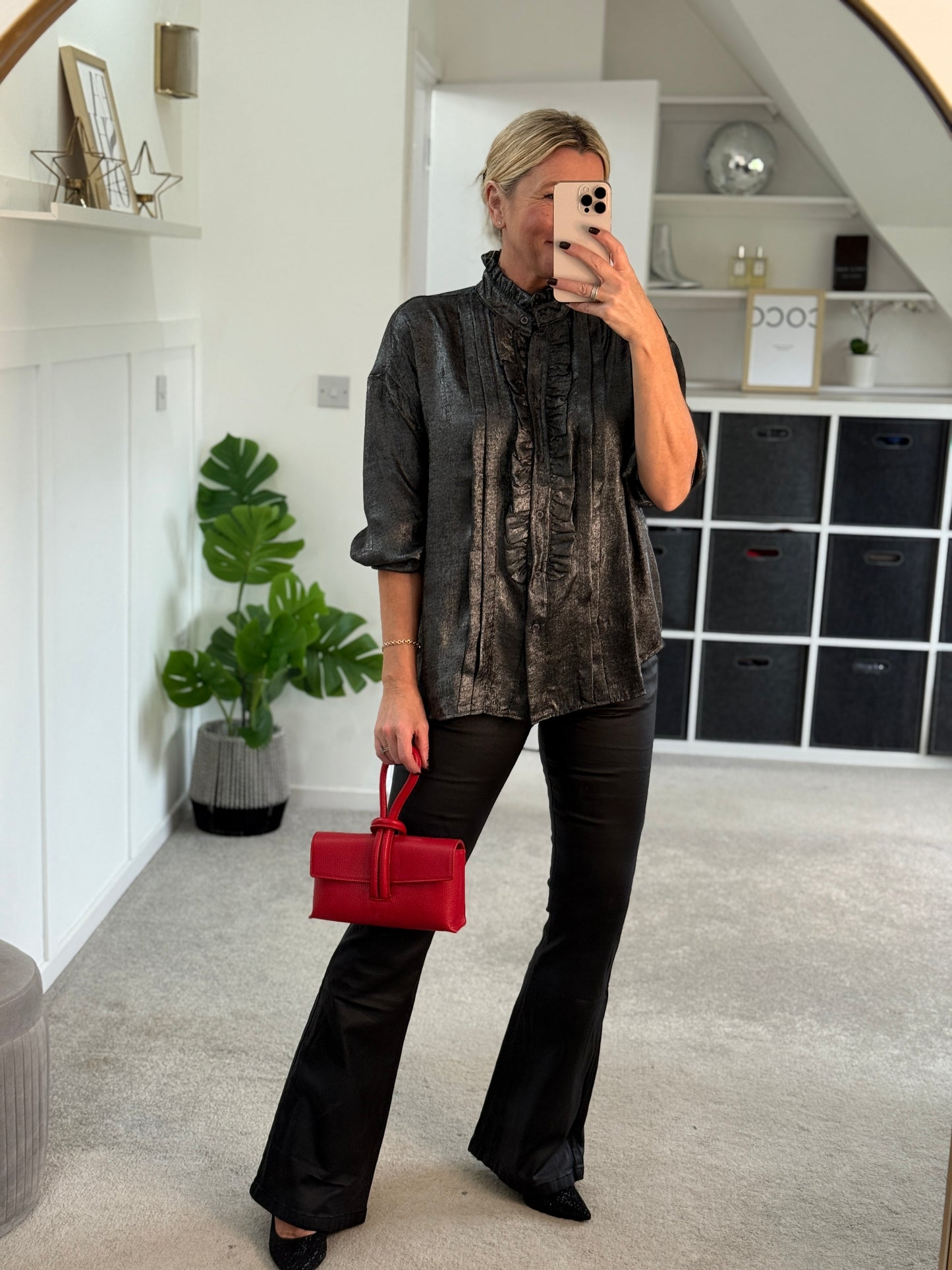 Black/Pewter Metallic Ruffle Front Blouse