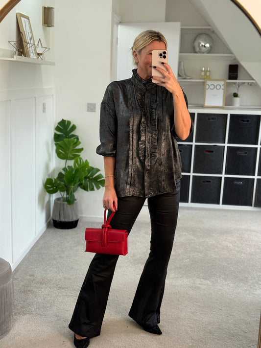 Black/Pewter Metallic Ruffle Front Blouse